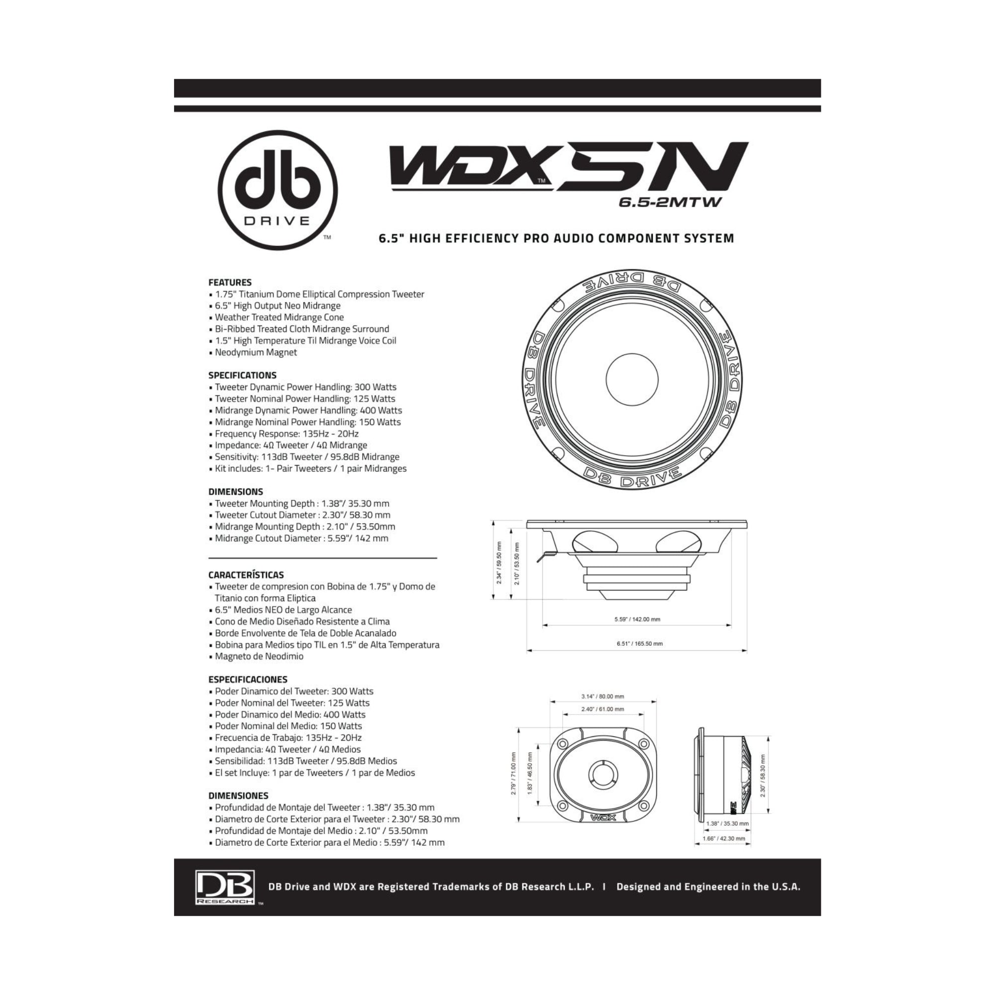 Set de Medios Rangos DB Drive WDX5N-6.5-2MTW 1400 Watts 6.5" 4 Ohms