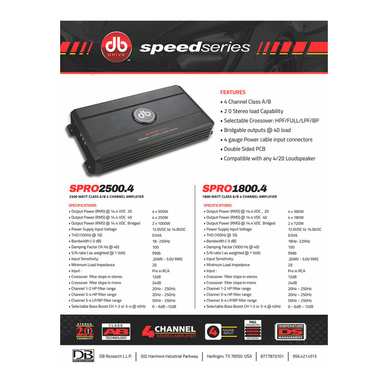 Amplificador 4 Canales DB Drive SPRO2500.4 2500 Watts Clase AB 2 Ohms Speed Series