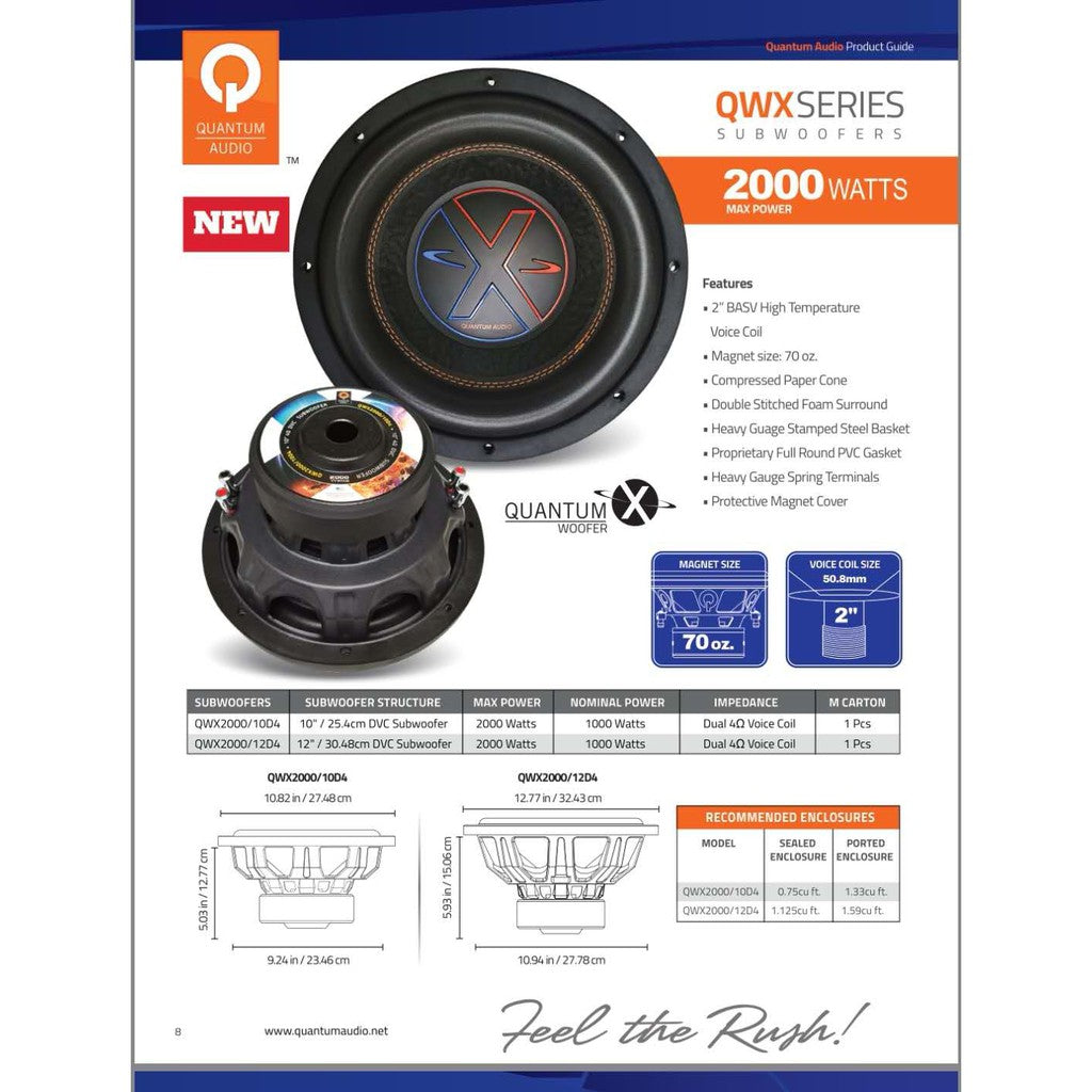 Subwoofer Quantum Audio QWX2000/12D4 2000 Watts 12 Pulgadas 4 Ohms Doble Bobina QWX Series