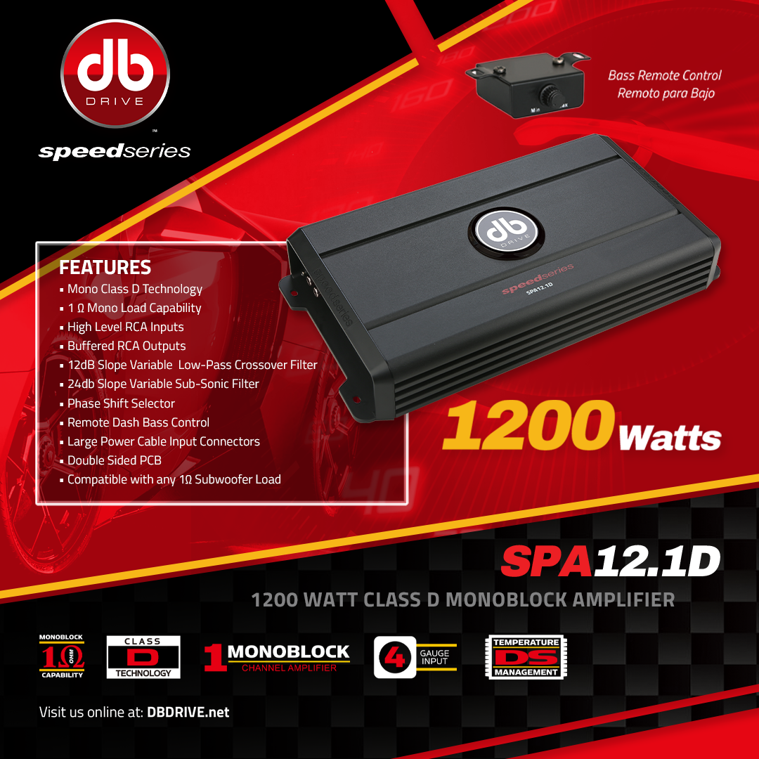 Amplificador Monoblock DB Drive SPA12.1D 1200 Watts Clase D 1 Ohm Speed Series