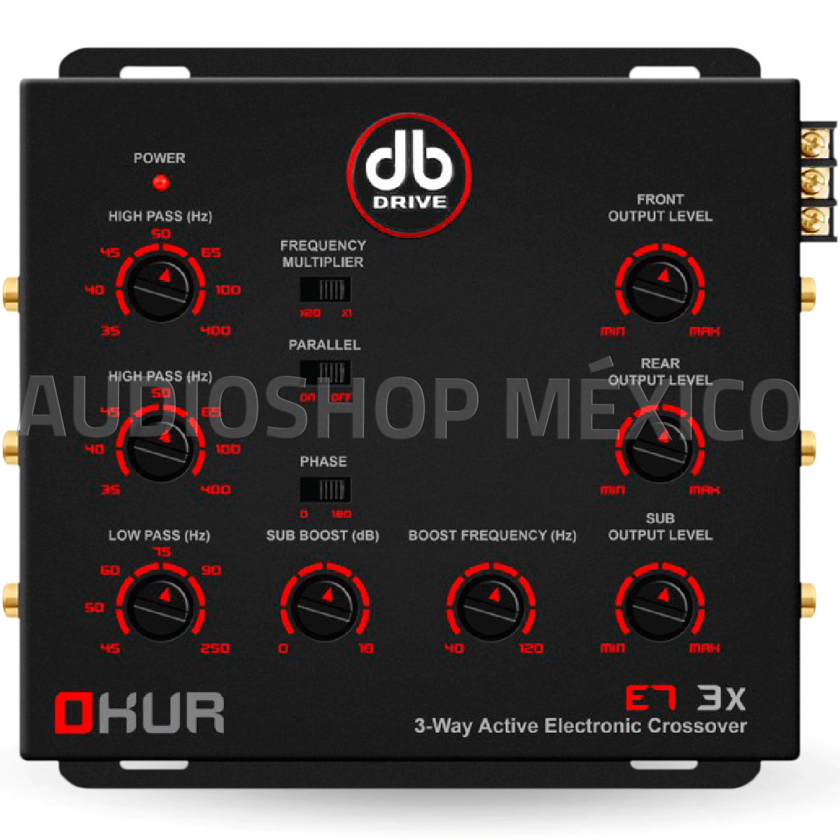 Crossover Electrónico DB Drive E7 3X 8 Volts 3 Vías con Control de bajos Okur Series