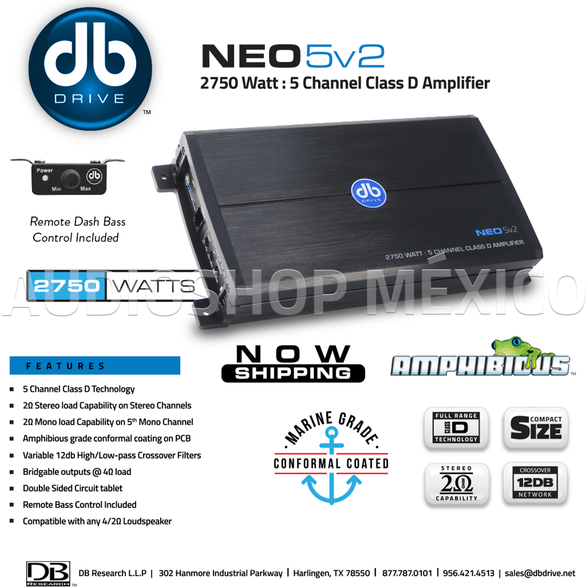 Amplificador Marino 5 Canales DB Drive NEO5v2 2750 Watts Clase D Full Range con controlador de bajos incluido