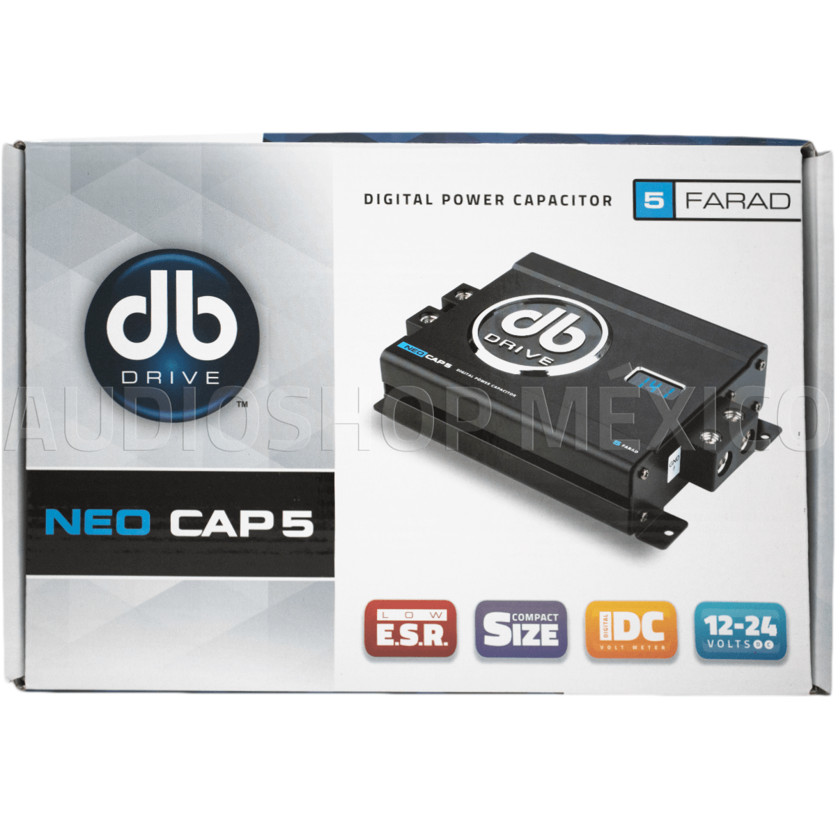 Capacitor de potencia Digital DB Drive NEOCAP5 5 Faradios 12-24 VDC Tamaño compacto con medidor de voltaje