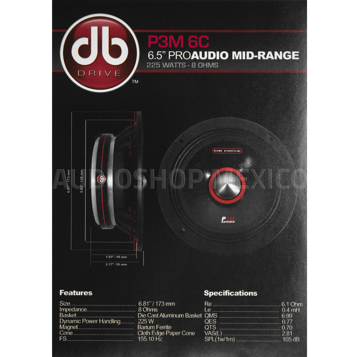 Medio Rango DB Drive P3M 6C 225 Watts 6.5 Pulgadas 8 Ohms PRO Audio Series (Venta individual)