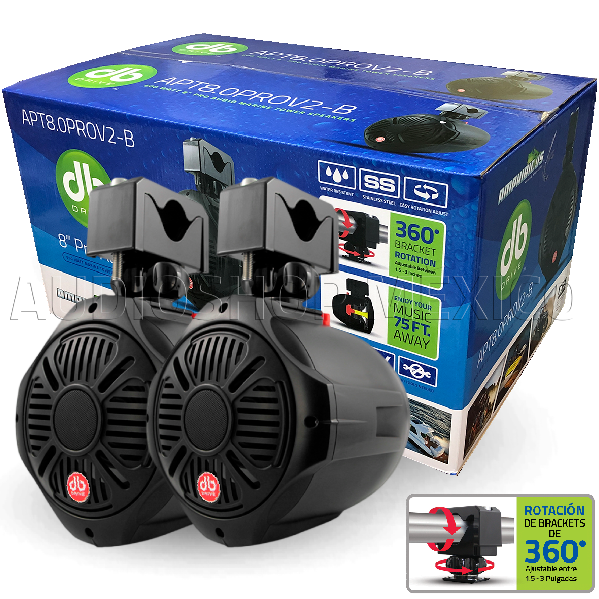 Bocinas Marinas De Torre DB Drive APT8.0PROv2-B 600 Watts 8 Pulgadas 4 Ohms Lancha Rzrs Can Am Motor Sport Uv Protect Rotación 360 Grados