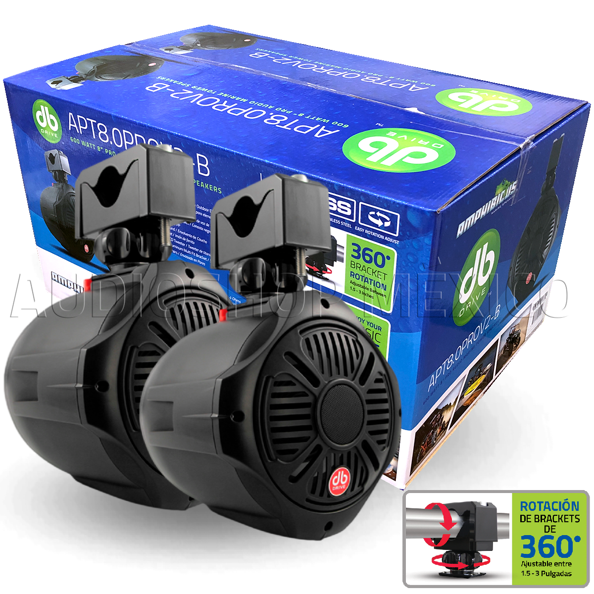 Bocinas Marinas De Torre DB Drive APT8.0PROv2-B 600 Watts 8 Pulgadas 4 Ohms Lancha Rzrs Can Am Motor Sport Uv Protect Rotación 360 Grados