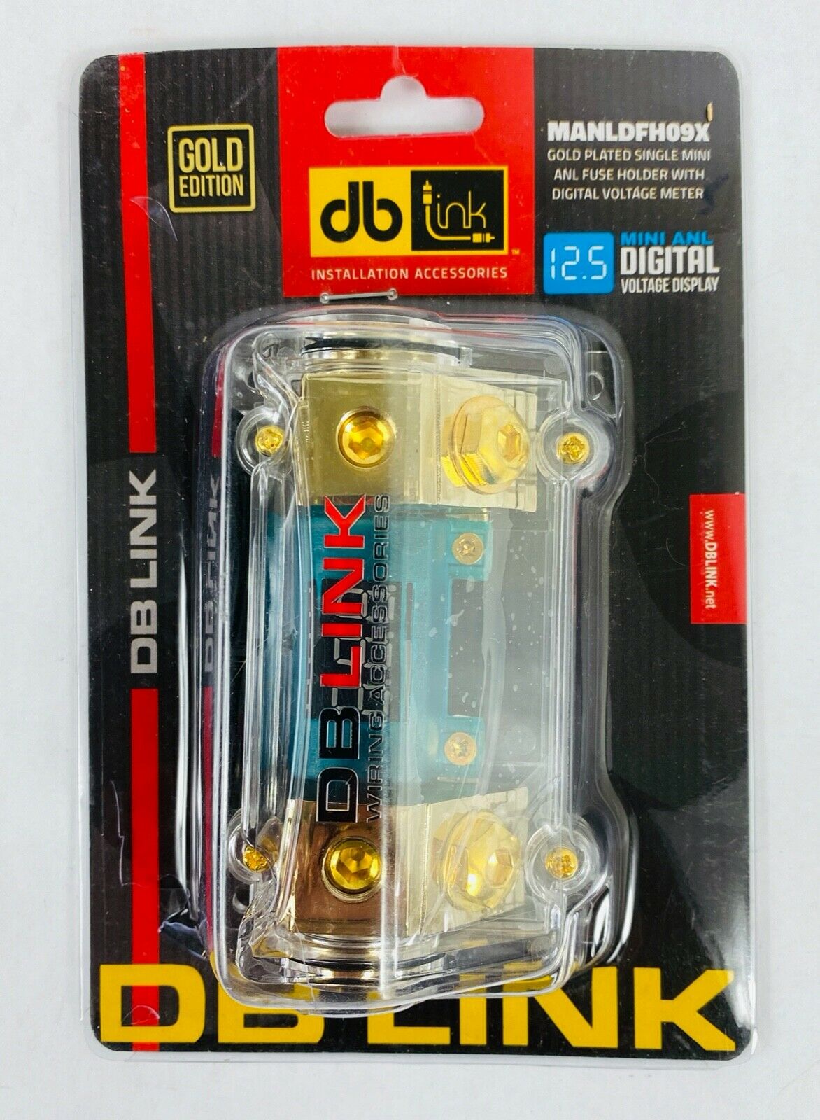 Mini Portafusible Digital DB Link MANLDFH09X con Medidor de Voltaje Digital Calibres 0 y 4 GA Chapado en oro (Venta individual)